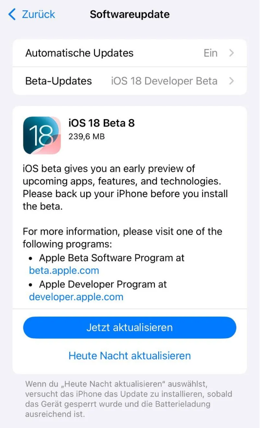 凉州苹果手机维修分享苹果 iOS / iPadOS 18 开发者预览版 Beta 8 发布 